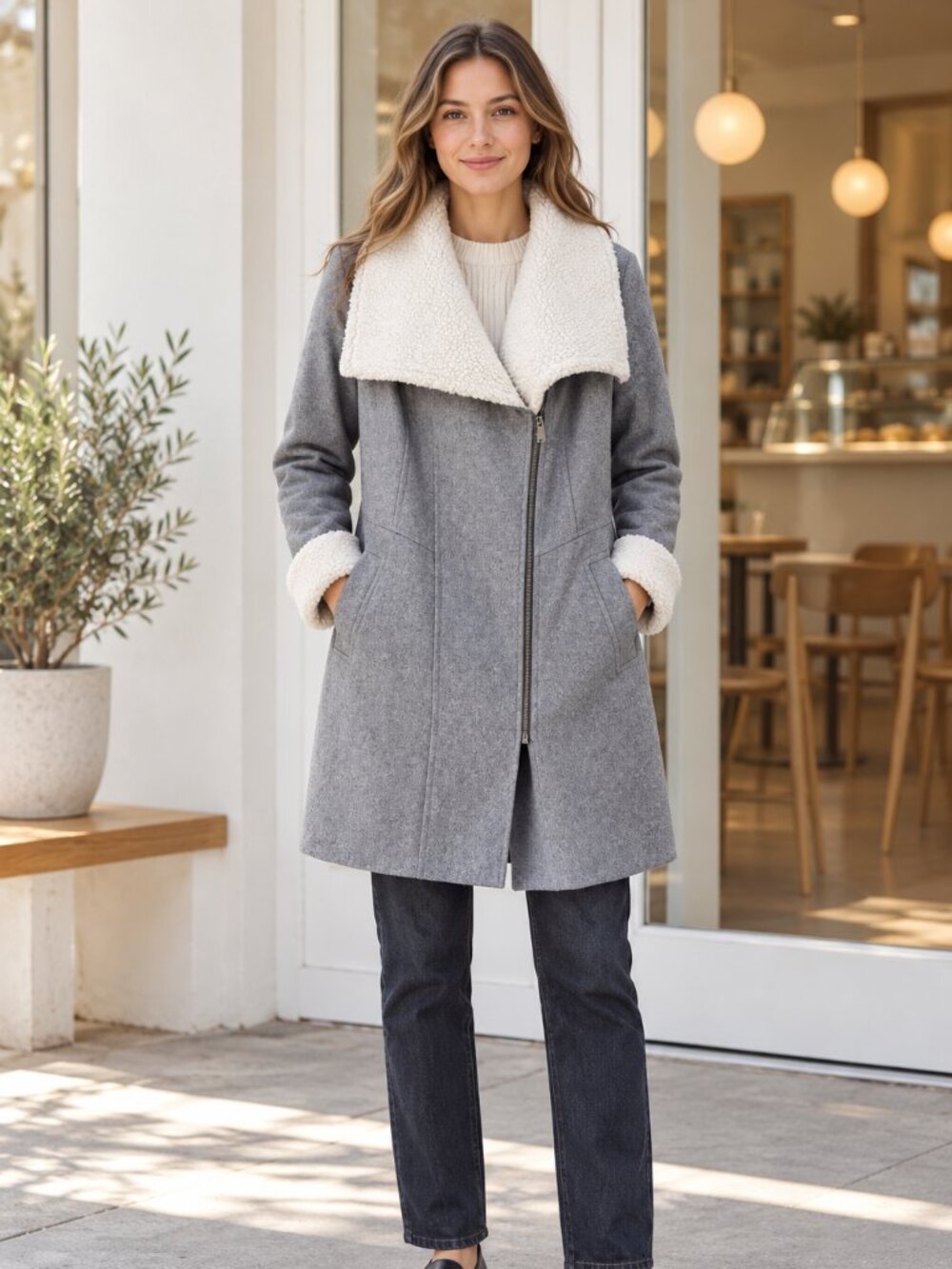 DKNY Grey Wool Blend Coat with Cream Faux Shearling Collar - Medium